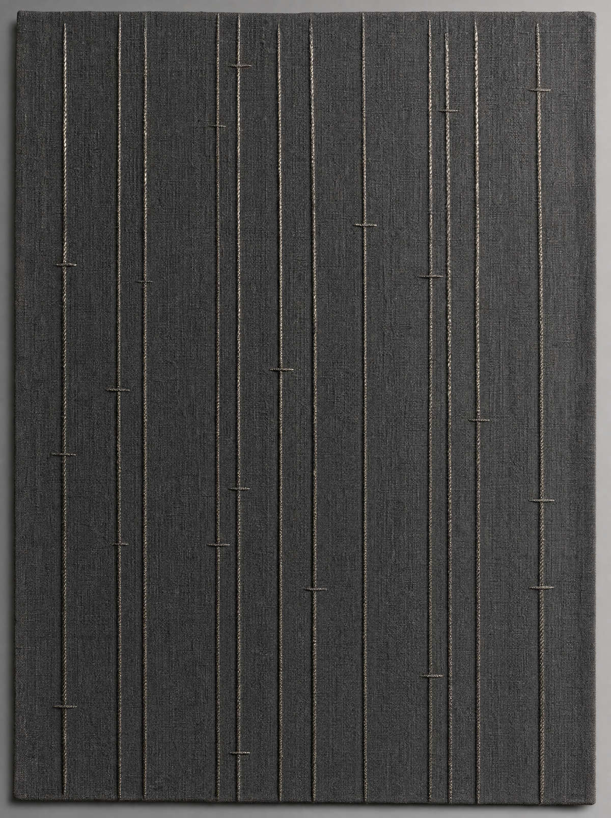 Plumbline Panel, pewter metallic embroidery on slate linen