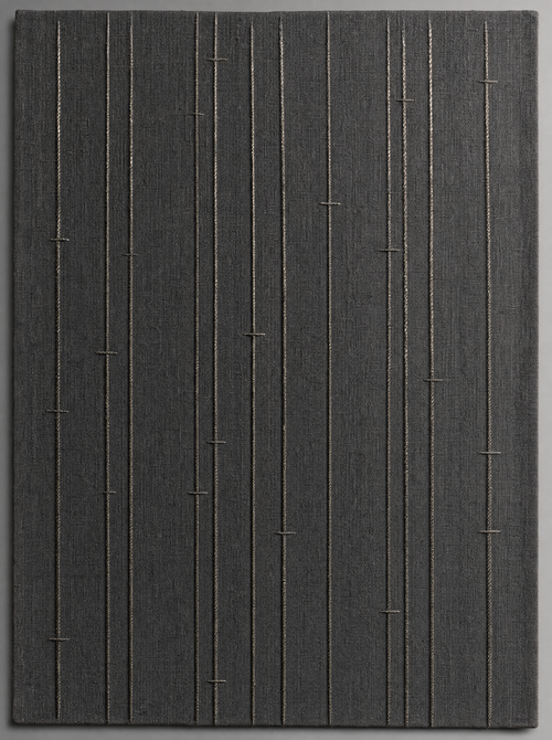 Plumbline Panel, pewter metallic embroidery on slate linen