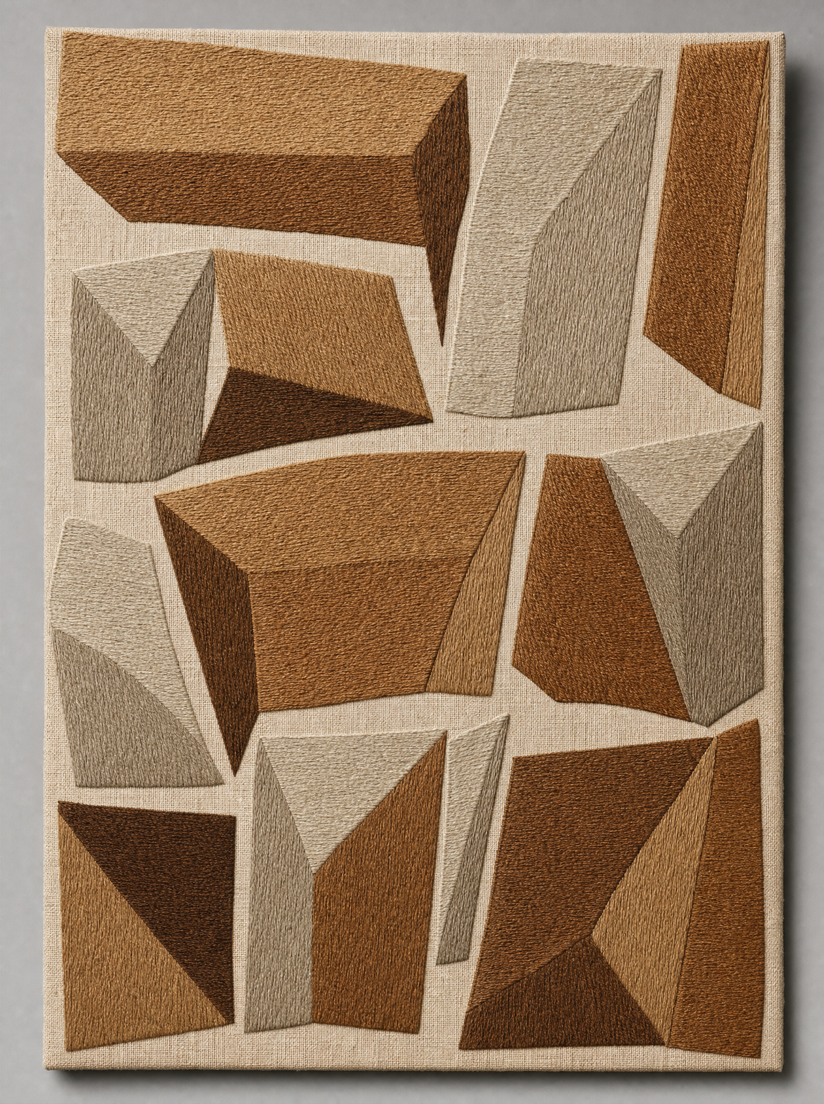 Quarry Panel, bronze and stone facets embroidered on ivory linen