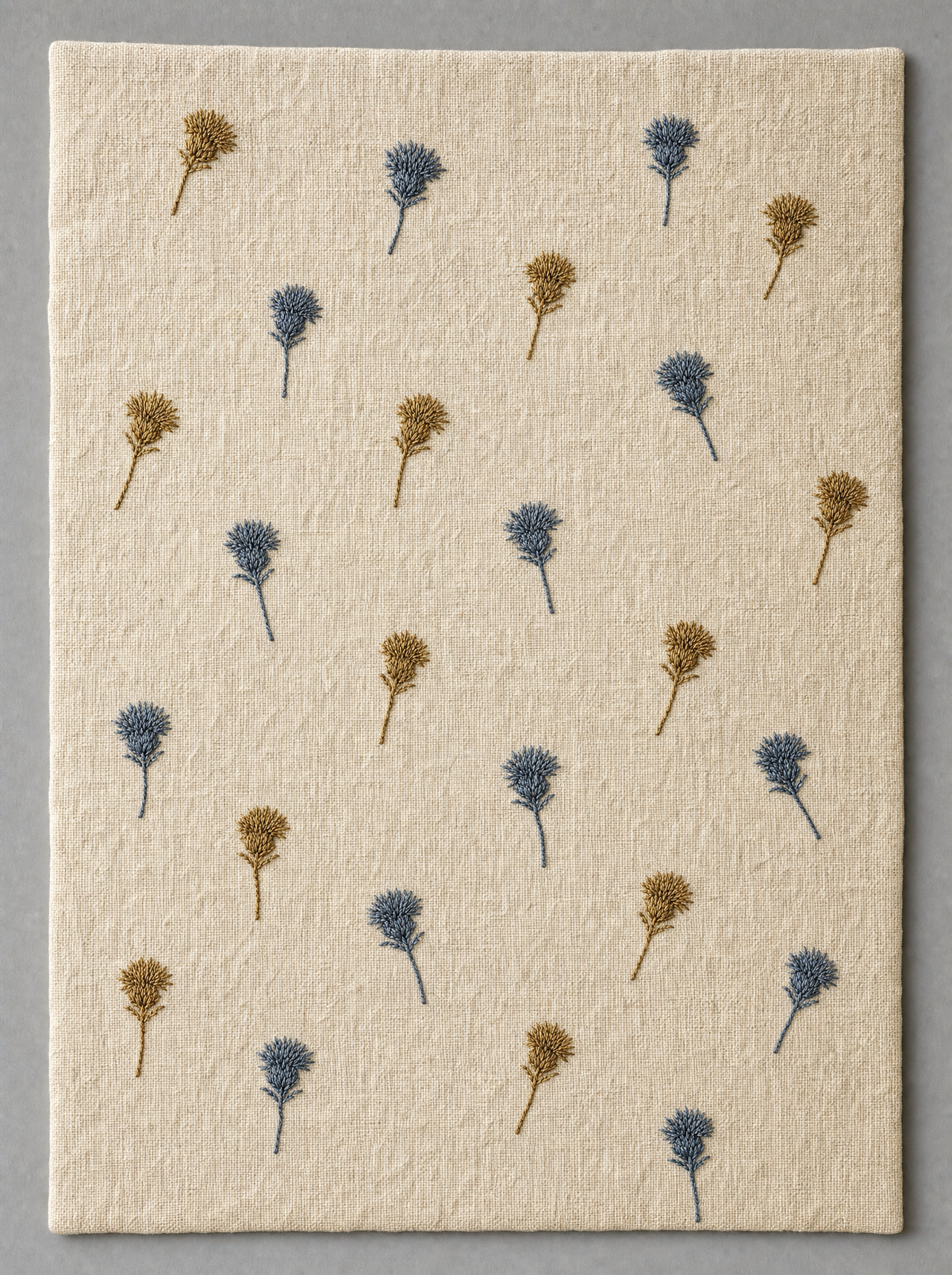 Thistle Panel, slate blue and bronze embroidery on oatmeal linen