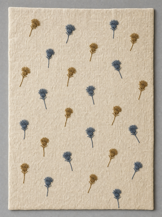 Thistle Panel, slate blue and bronze embroidery on oatmeal linen