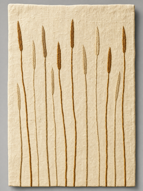 Reed Panel, bronze stems embroidered on ivory linen