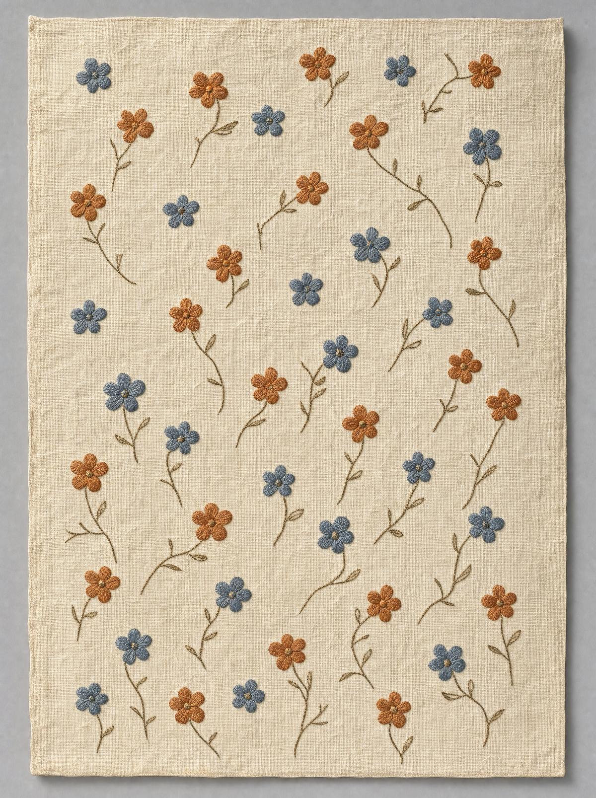 Orchard Panel, orange and blue blossoms embroidered on ivory linen